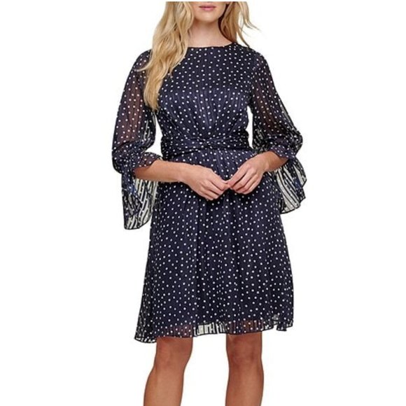 NWT DKNY 3/4 Sleeve Dotted Chiffon Fit & Flare Dress - Midnight/ Multi - Size 14 - Picture 1 of 5
